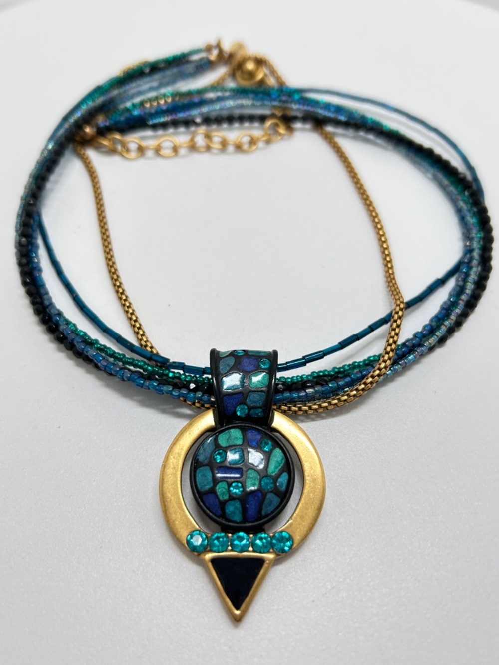 Chico’s, Blue Beads & Gold Necklace, Geometric Mosaic Pendant, Striking Look